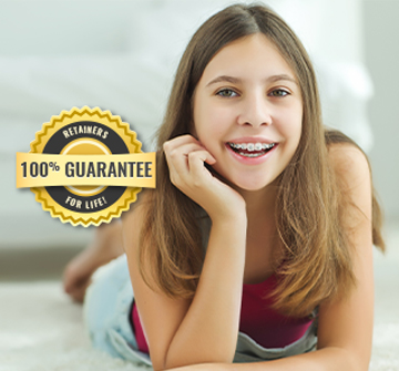 Teen girl with braces next to lifetime guarantee badge